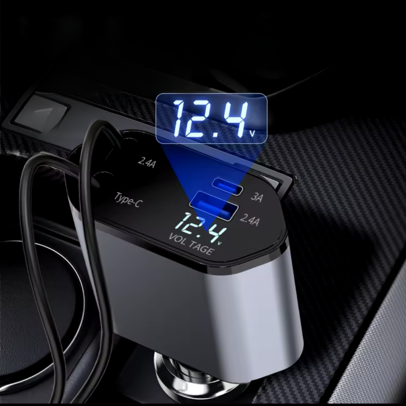 Chargeur allume-cigare 4 en 1 Dryyver Volt™ – Câbles rétractables + USB-C & USB-A