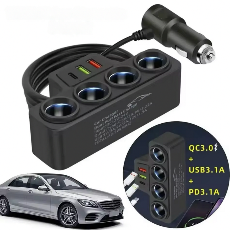Chargeur de voiture avec quatre prises allume-cigare et ports USB pour une charge rapide