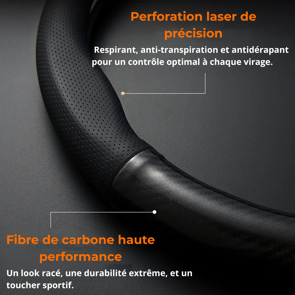 Zoom sur la texture respirante et la finition carbone du couvre-volant Dryyver Grip GT - adhérence maximale