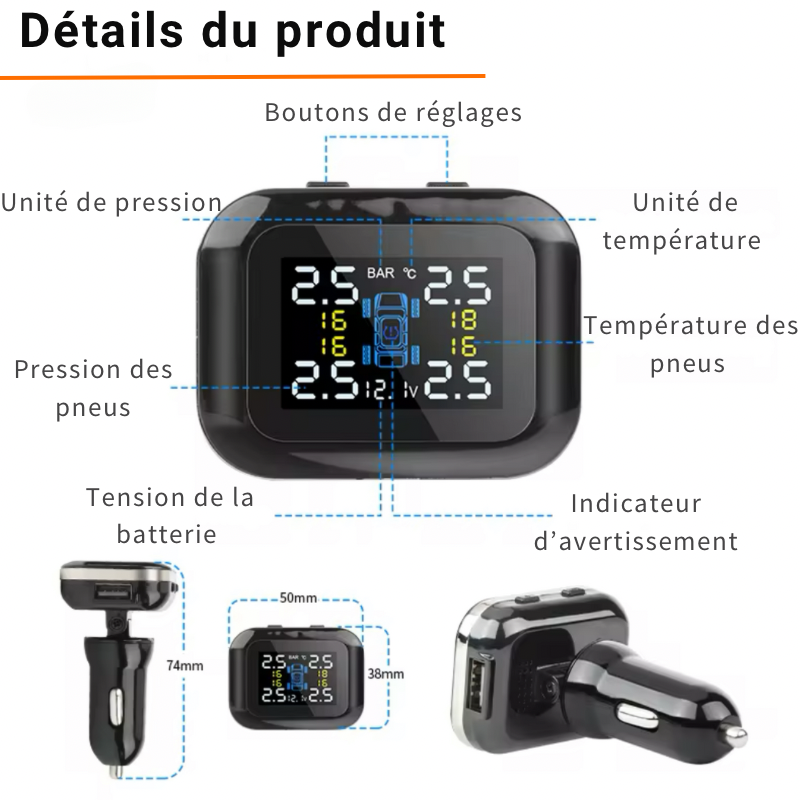 Détails du produit Dryyver indicateur de pression et de température des pneus avec régl