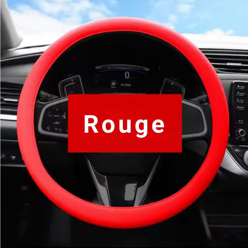 Couvre-volant dryyver-ecogrip en silicone de couleur rouge installé sur le volant d’une voiture, offrant une apparence élégante et moderne.