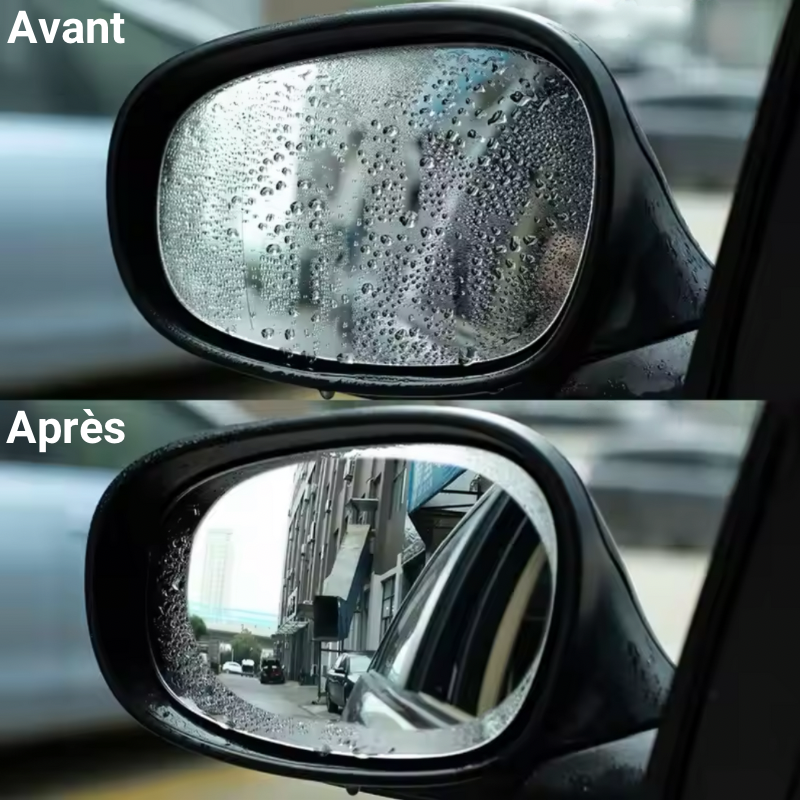 Comparaison avant et après application du film Dryyver HydroShield™ sur un rétroviseur, démontrant l’efficacité de la technologie anti-buée et anti-pluie.