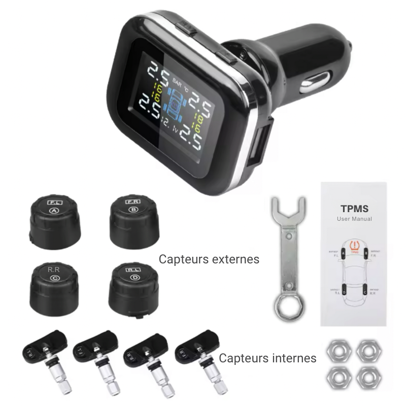 Kit complet Dryyver pour indicateur de pression et de température des pneus avec capteurs internes et externes.