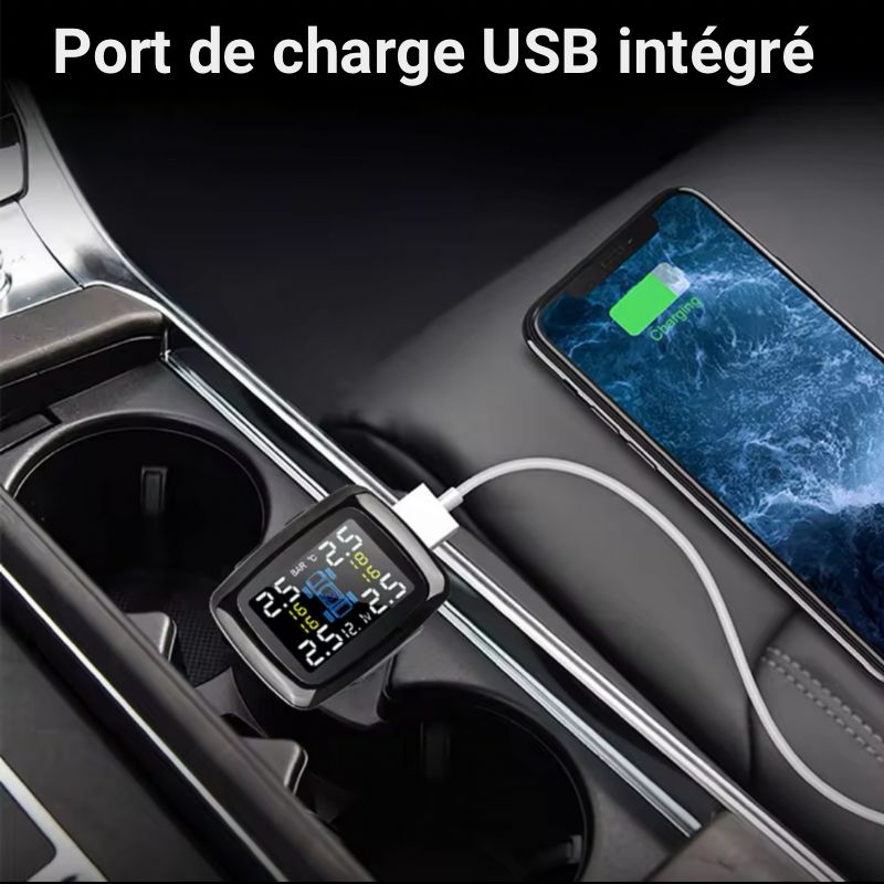 Indicateur de pression des pneus Dryyver avec port de charge USB intégré pour voiture.
