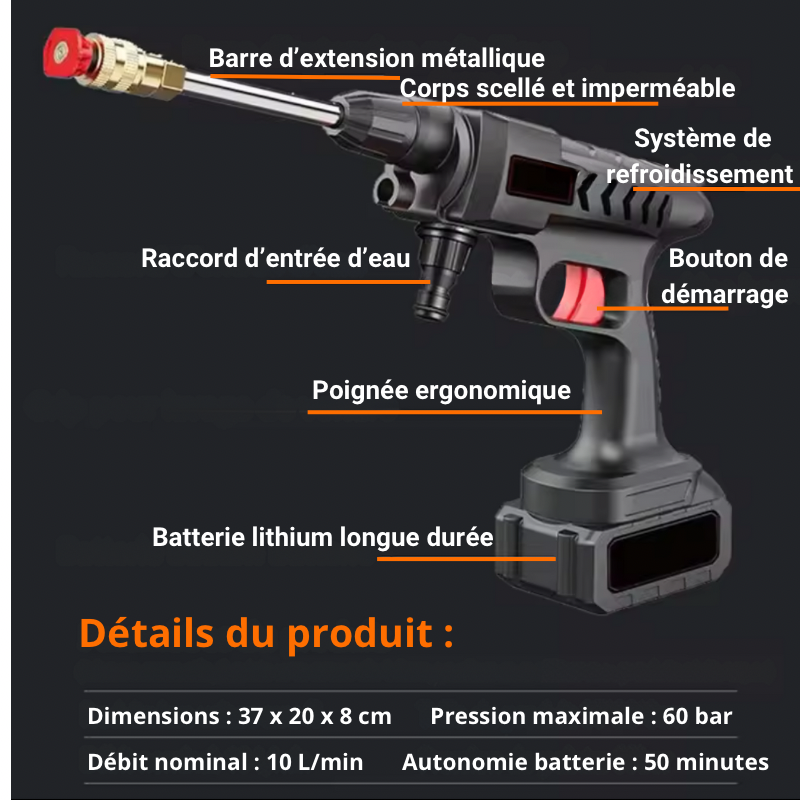 Détails du pistolet de nettoyage haute pression Dryyver PowerClean™ avec batterie lithium longue durée et poignée ergonomique.