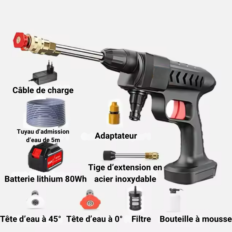 Pistolet de nettoyage haute pression Dryyver PowerClean™ avec batterie et accessoires pour un nettoyage efficace de votre véhicule.