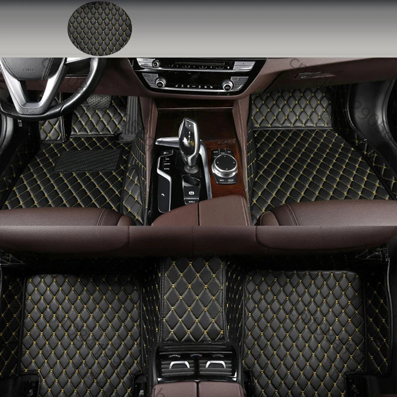 Tapis de sol intégral Dryyver PremiumFloor™ sur mesure - Couleur Noir avec surpiqures jaune, offrant une protection complète et facilitant le nettoyage du véhicule.