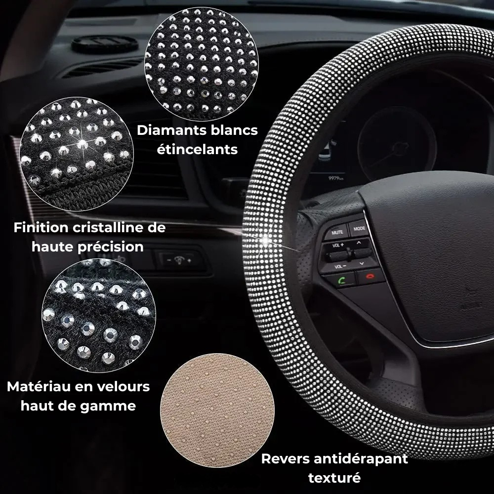 Gros plan sur les détails du couvre-volant Dryyver Vibe™ GlamShine avec finitions cristallines, velours premium et surface antidérapante.