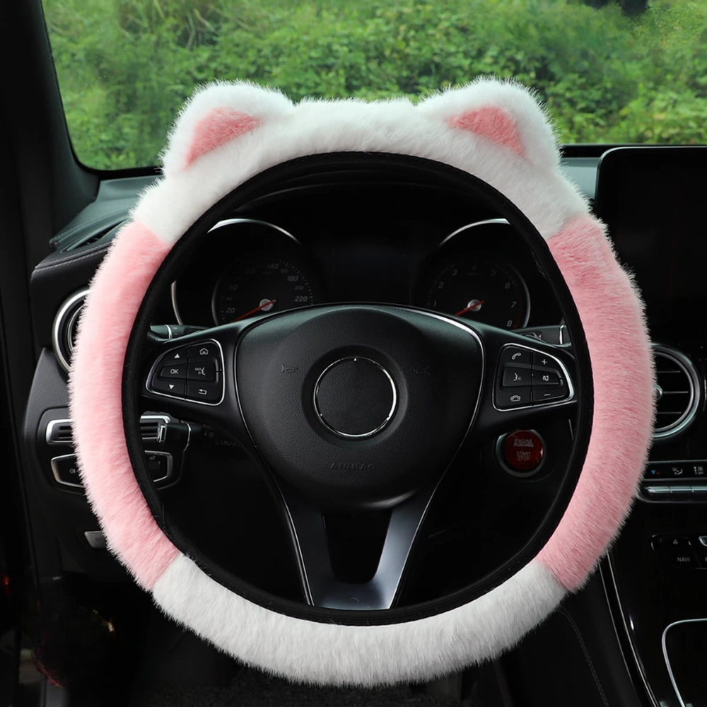 Couvre-volant rose clair et blanc avec oreilles de chat – style kawaii Dryyver Vibe™ SoftKawaii