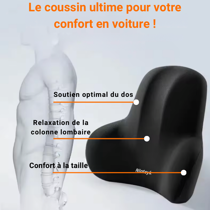 Coussin ergonomique DryyverCosy pour voiture, offrant un soutien optimal du dos, une relaxation de la colonne lombaire, et un confort à la taille