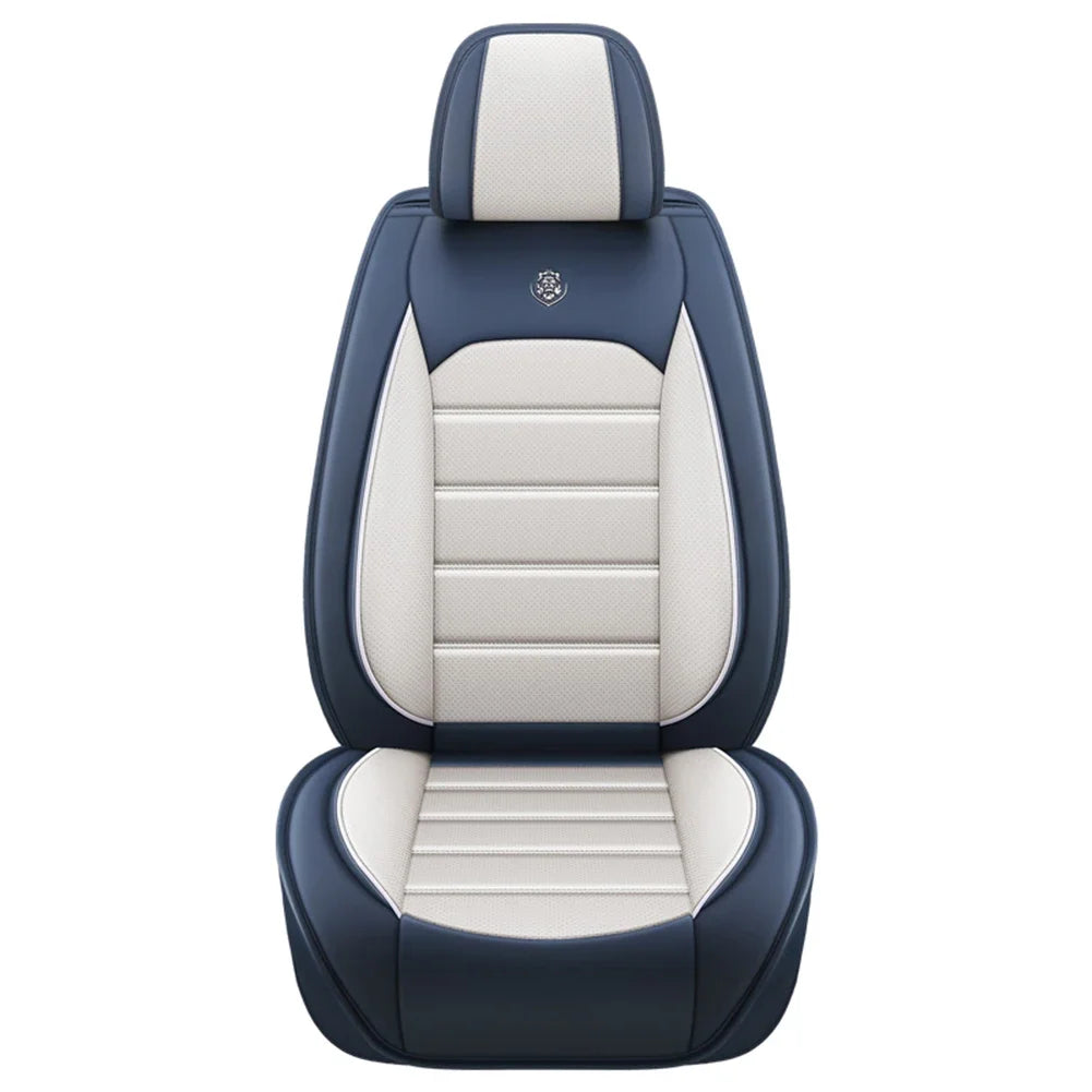 Housse de siège avant DryyverSeat™ pour voiture en couleur bleu et blanc, offrant confort et style au conducteur.