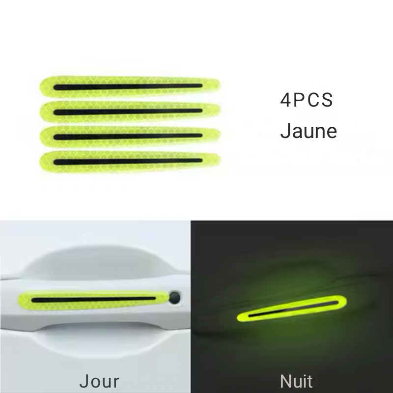 Pack de 4 bandes réfléchissantes jaune DryyverShine pour poignées de portes, offrant une sécurité renforcée de jour comme de nuit