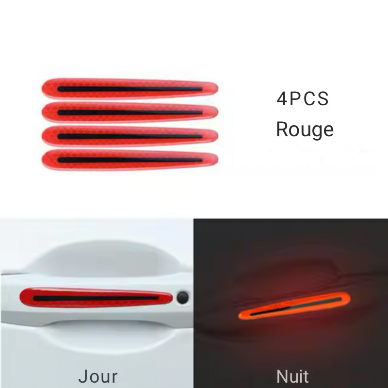Pack de 4 bandes réfléchissantes rouges DryyverShine pour poignées de portes, offrant une sécurité renforcée de jour comme de nuit