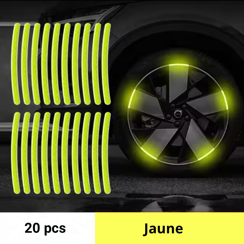 Pack de 20 bandes réfléchissantes jaune DryyverShine pour roues de voiture, assurant une visibilité accrue la nuit
