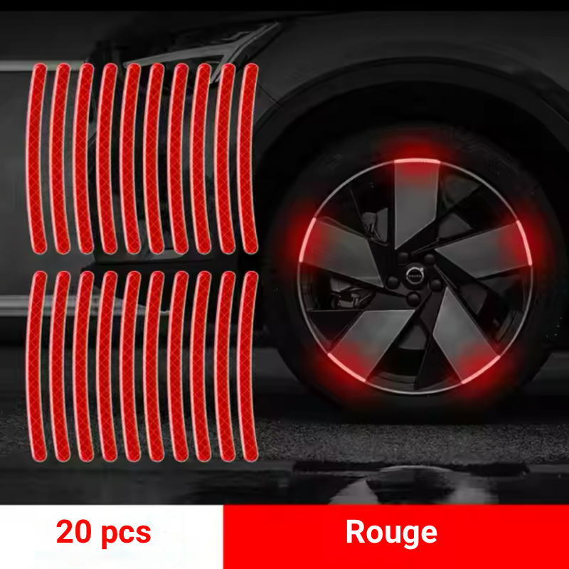 Pack de 20 bandes réfléchissantes rouge DryyverShine pour roues de voiture, assurant une visibilité accrue la nuit