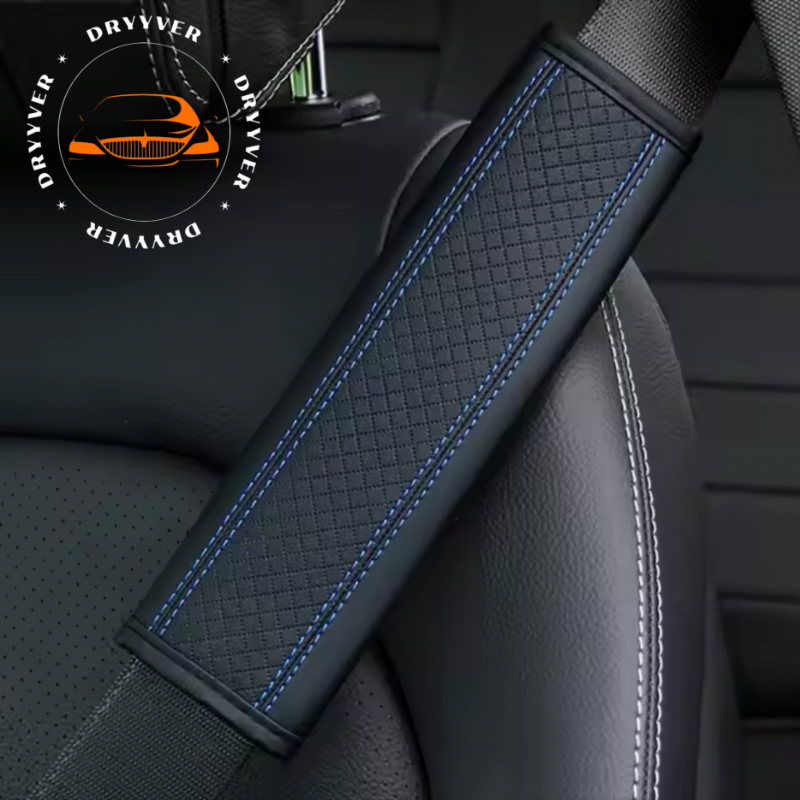 DryyverWrap™ Housse de Ceinture de Sécurité en Cuir Noir avec Couture Bleue - Confort et Style Assurés