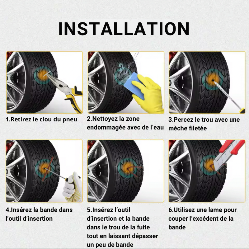 Guide d’installation du kit de réparation de crevaison DryyverFix&Go™ montrant les six étapes simples pour réparer un pneu crevé, incluant le retrait de l’objet, le nettoyage de la zone, le perçage du trou, l’insertion de la bande de réparation, et la coupe de l’excédent.