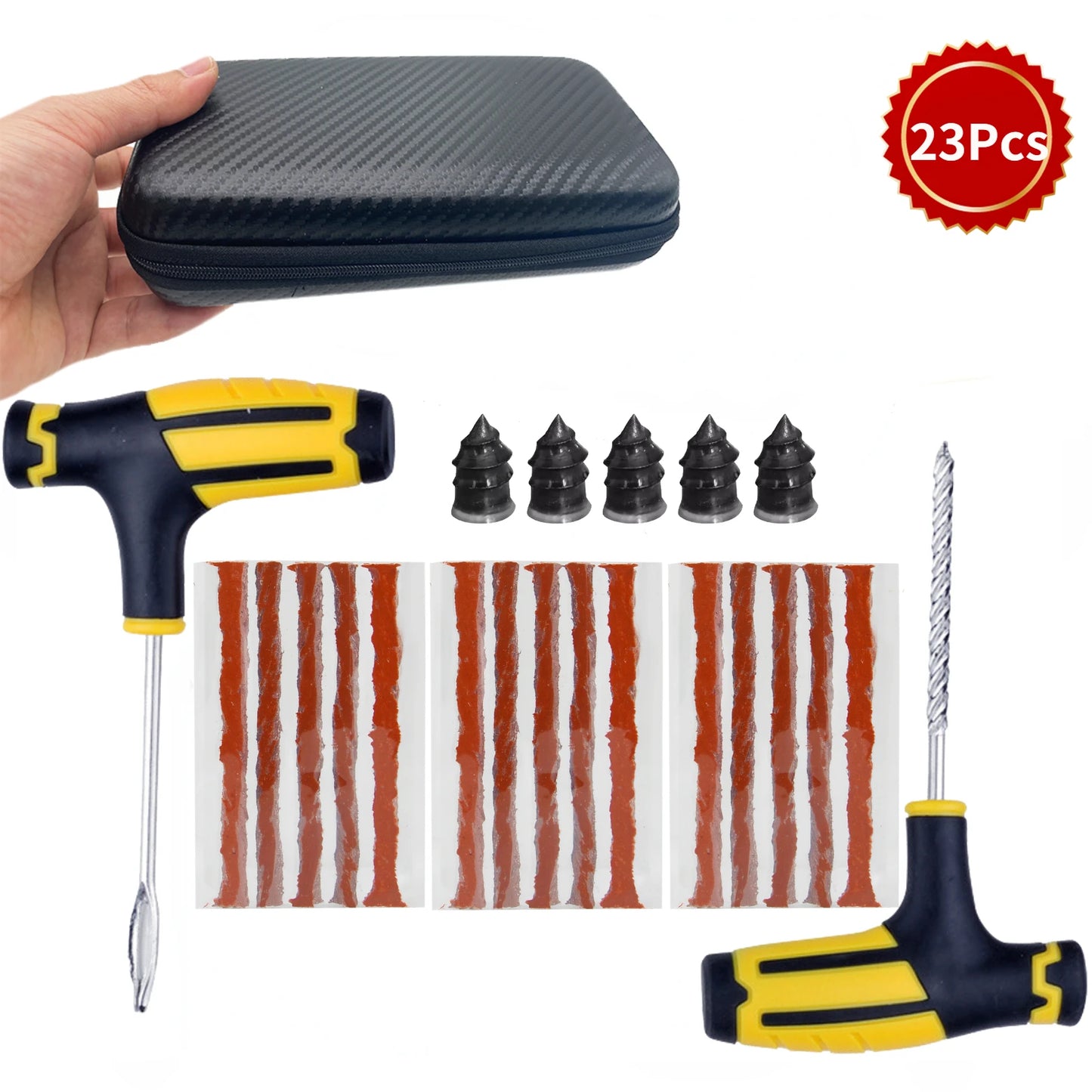 Kit de réparation de crevaison DryyverFix&Go™ de 23 pièces, comprenant les outils de base pour une réparation rapide des pneus, présenté dans un étui pratique.