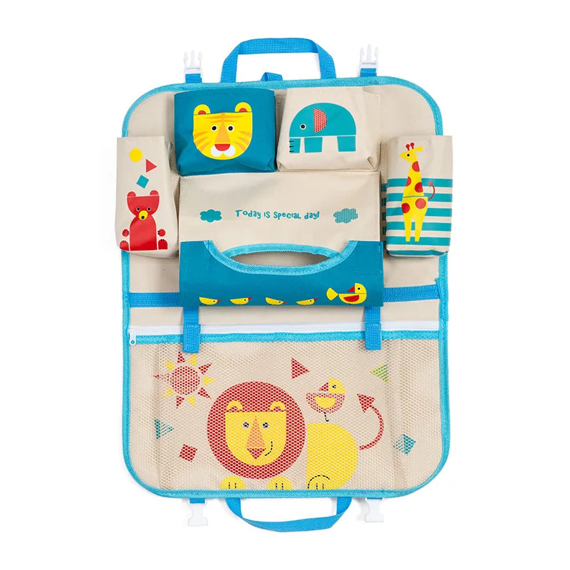 Organiseur de siège auto bleu avec des motifs d’animaux, offrant des poches pratiques pour les bouteilles et autres objets essentiels pour enfants.