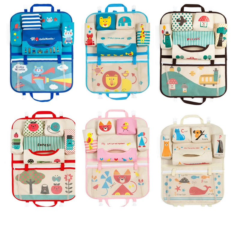 Organiseur de siège auto avec motif coloré, parfait pour ranger les jouets et accessoires de l’enfant lors des trajets.