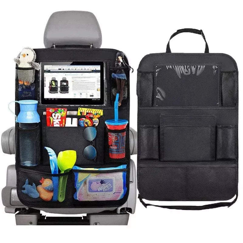 Organisateur de siège auto multi-poches avec compartiment pour tablette, lunettes, et divers accessoires, présenté avec une vue avant et arrière