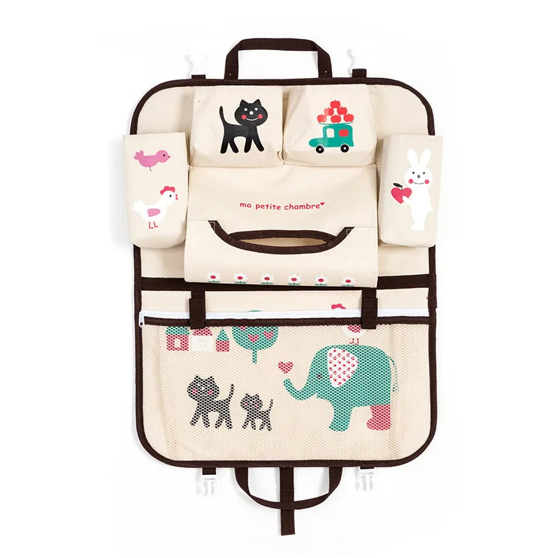 Organiseur de siège auto noir avec animaux mignons, idéal pour stocker des collations, des livres et des jouets pendant les longs trajets.