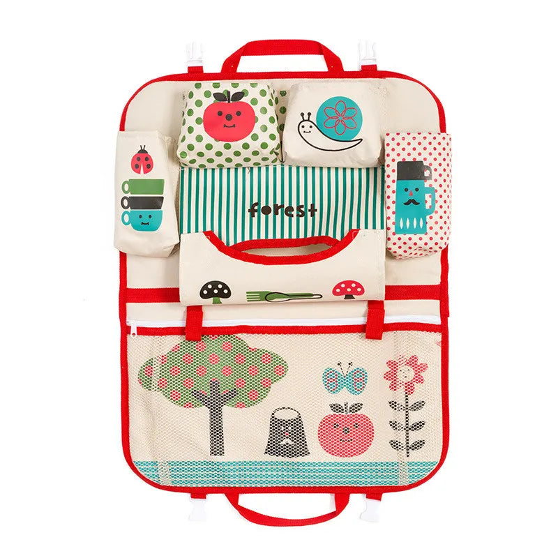 Organiseur de siège auto rouge avec thème forestier, équipé de poches multifonctions pour ranger livres, jouets et bouteilles.