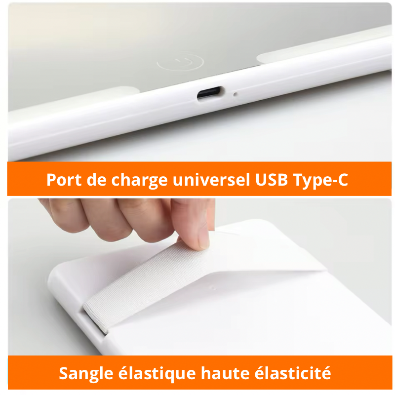 Gros plan sur le port de charge USB Type-C universel et la sangle élastique haute élasticité du miroir LED pour voiture.