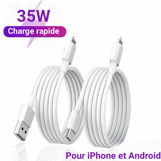 Câble de charge rapide 35W pour iPhone et Android, compatible USB-C et Lightning