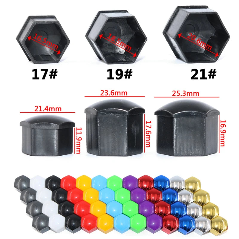 Différentes tailles (17, 19, 21 mm) et couleurs (noir, gris, rouge, bleu) des cache-écrous de roue Dryyver.