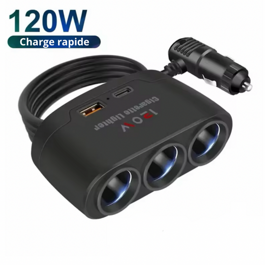 Chargeur de voiture avec trois prises allume-cigare et ports USB 120W