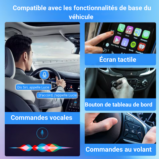 Adaptateur sans fil compatible avec les fonctionnalités de base du véhicule, incluant commandes vocales, écran tactile, boutons de tableau de bord, et commandes au volant.