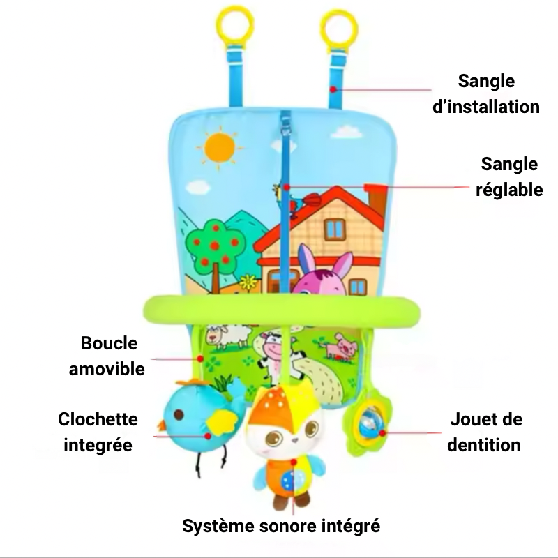 Dimensions de l’organisateur de jouets pour siège arrière de voiture, avec sangle réglable, miroir amusant et jouets suspendus