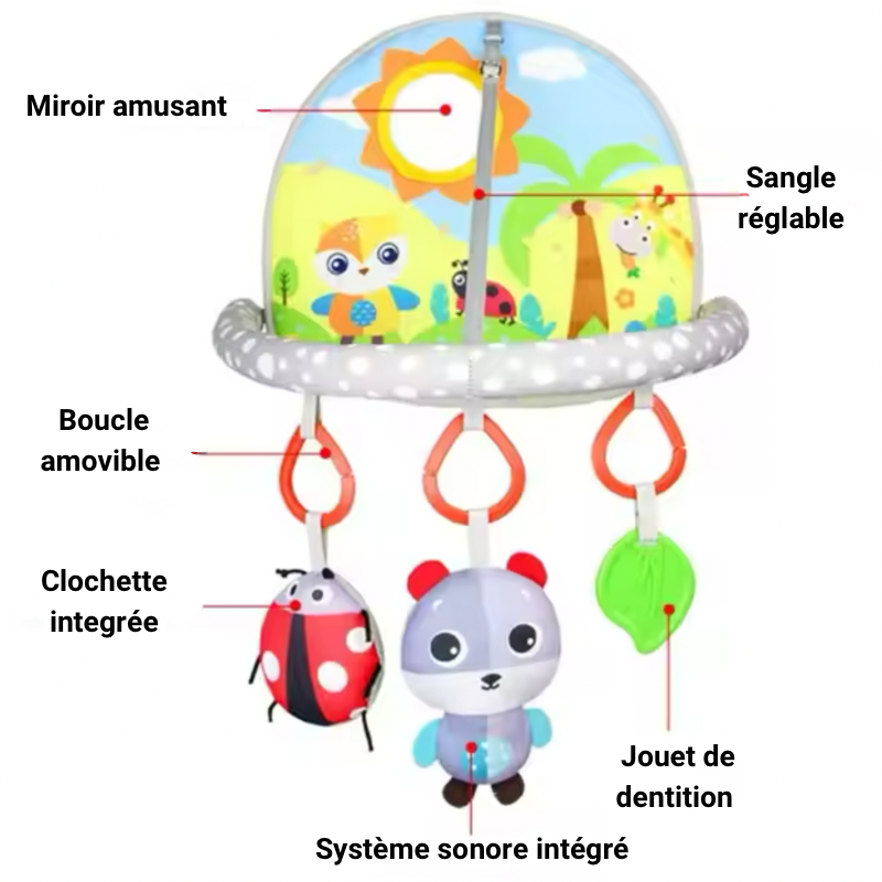 Dimensions de l’organisateur de jouets pour siège arrière de voiture, avec sangle réglable, miroir amusant et jouets suspendus