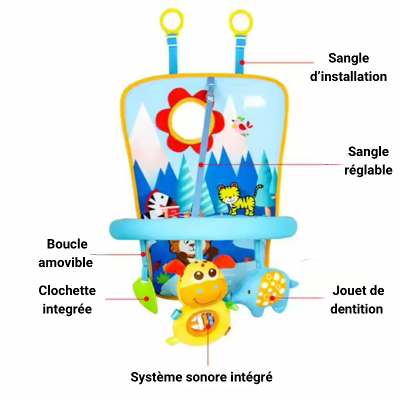 Dimensions de l’organisateur de jouets pour siège arrière de voiture, avec sangle réglable, miroir amusant et jouets suspendus