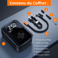 Contenu du coffret du gonfleur automatique Dryyver AirSmart™, incluant la pompe de gonflage, câble de charge, et divers embouts.