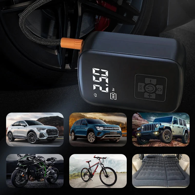 Gonfleur automatique Dryyver AirSmart™ illustrant les différents modes pour voiture, moto, vélo, et ballon.