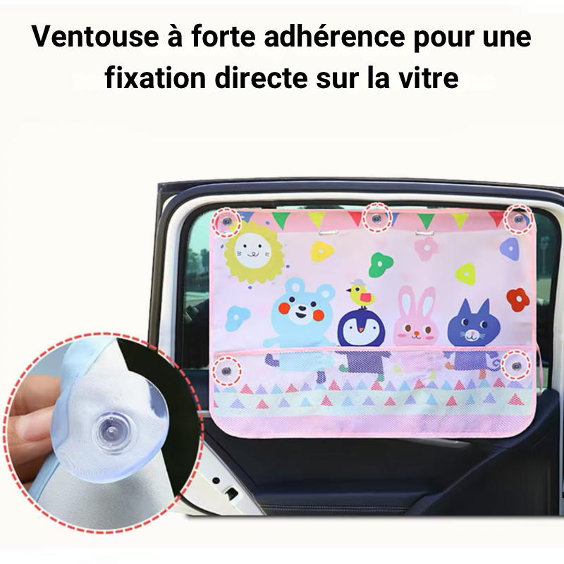 Dryyver KidsShade™ - Ventouse à forte adhérence pour une fixation sécurisée sur la vitre de la voiture, offrant une protection solaire efficace pour les enfants.