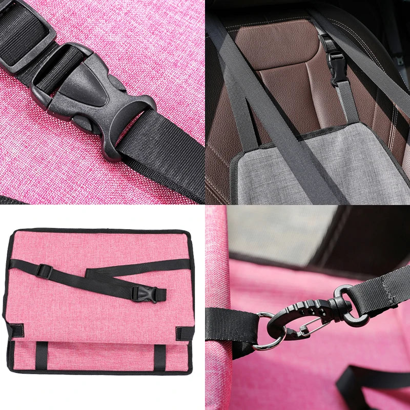 Détails du siège auto Dryyver PetTravel™ pour animaux, avec ceinture de sécurité intégrée et tissu résistant.