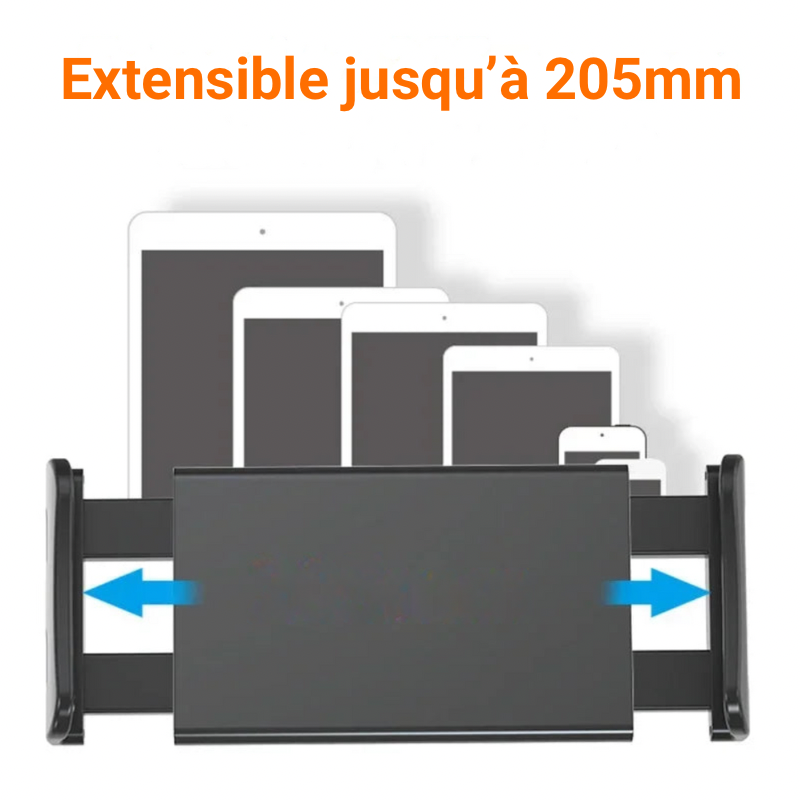 Support Dryyver SeatClip™ montrant sa capacité d’extension jusqu’à 205mm, compatible avec divers appareils tels que téléphones et tablettes.