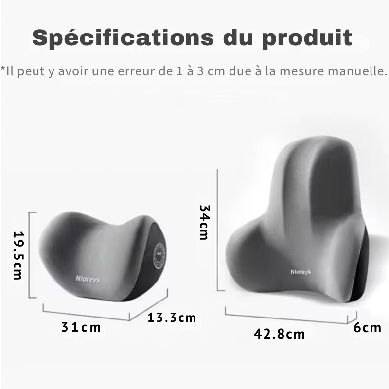 Spécifications des coussins DryyverCosy pour lombaires et nuque avec les dimensions précises du produit pour un ajustement parfait dans la voiture