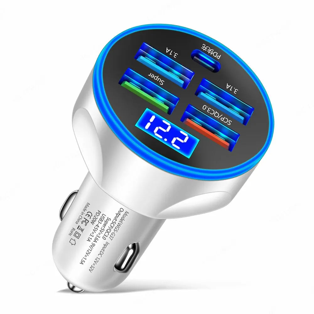 DryyverPower™ chargeur allume-cigare multiport blanc avec charge rapide et affichage LED pour véhicule