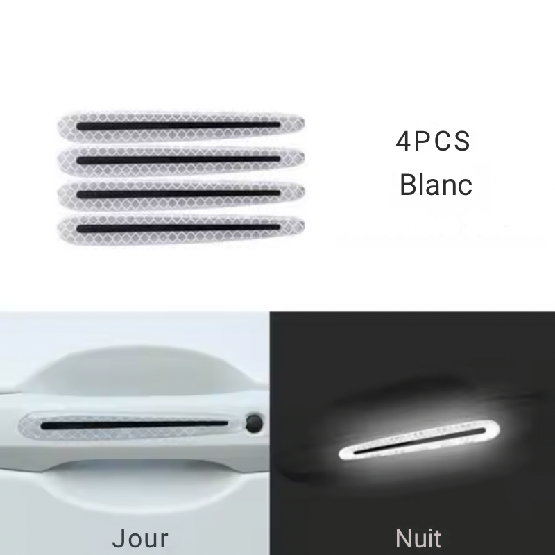 Pack de 4 bandes réfléchissantes blanc DryyverShine pour poignées de portes, offrant une sécurité renforcée de jour comme de nuit