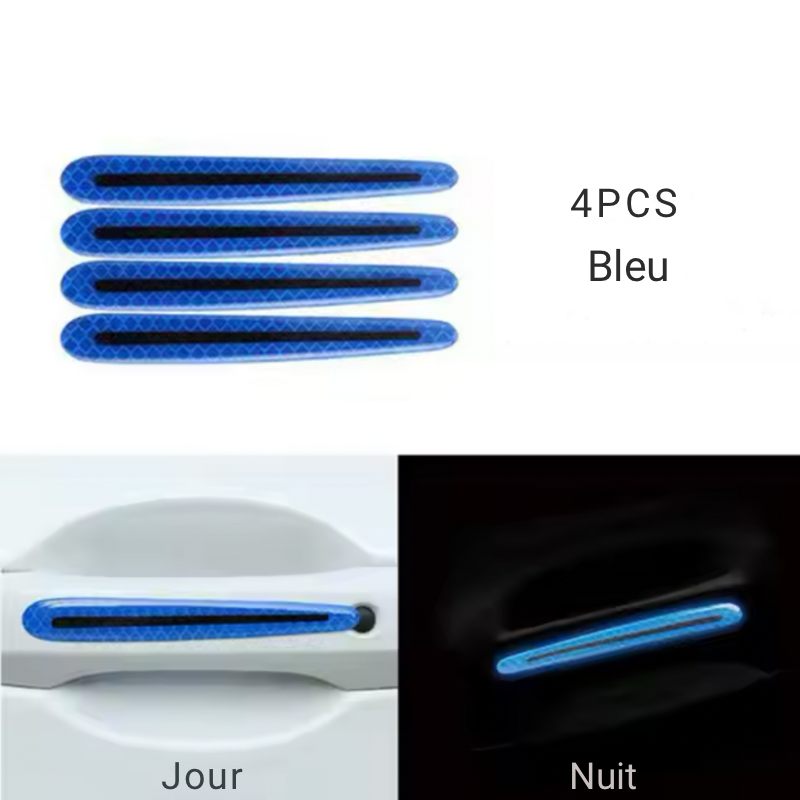 Pack de 4 bandes réfléchissantes bleu DryyverShine pour poignées de portes, offrant une sécurité renforcée de jour comme de nuit