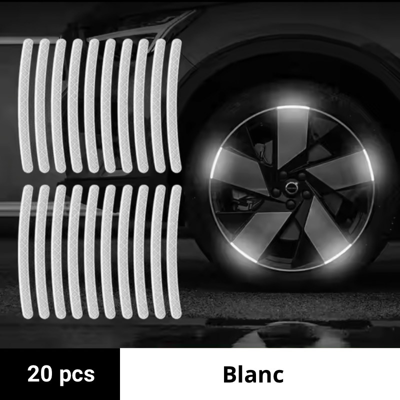 Pack de 20 bandes réfléchissantes blanc DryyverShine pour roues de voiture, assurant une visibilité accrue la nuit