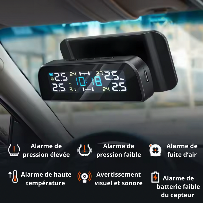 Indicateur solaire DryyverSolarTyre™ avec alarmes multiples : pression élevée, basse pression, fuite d’air, haute température, et batterie faible