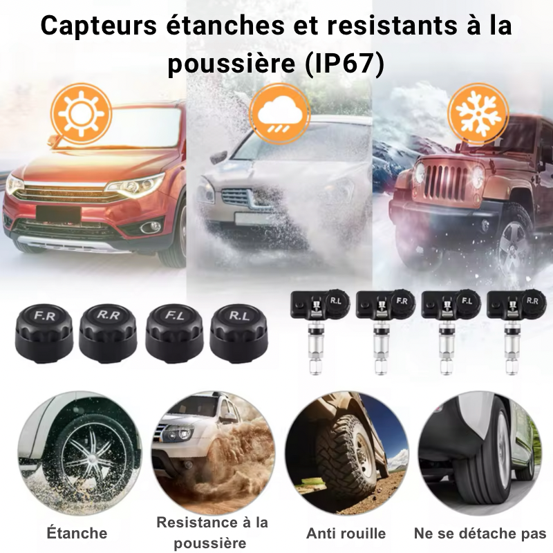 Capteurs étanches et résistants DryyverSolarTyre™ pour pneus, protection IP67 contre la poussière, l’eau, la rouille et le détachement