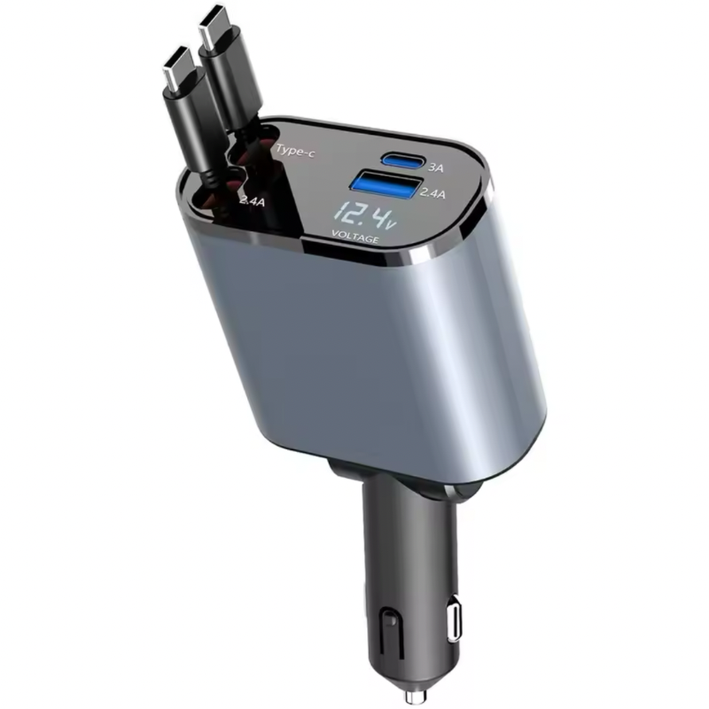 DryyverVolt™ - Chargeur allume-cigare avec deux câbles rétractables et ports USB-A et USB-C