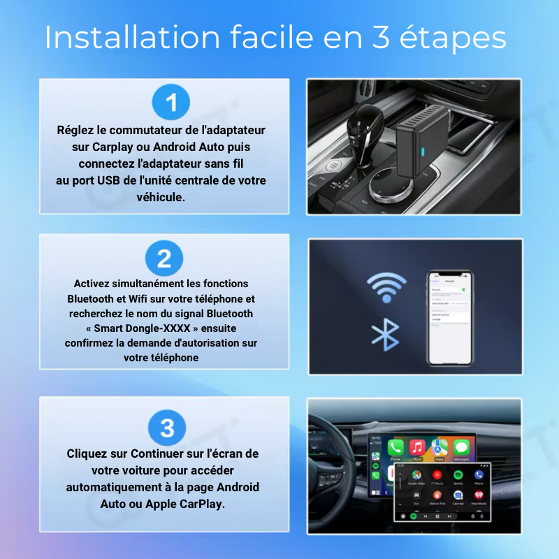 Installation facile en 3 étapes pour connecter votre adaptateur sans fil Apple CarPlay et Android Auto au système de votre véhicule via Bluetooth et Wi-Fi.