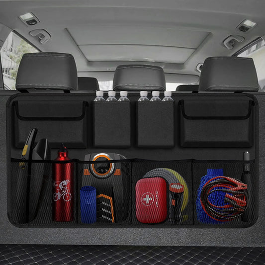 Organisateur de coffre de voiture avec plusieurs poches pour le rangement, idéal pour garder vos accessoires de voyage organisés.